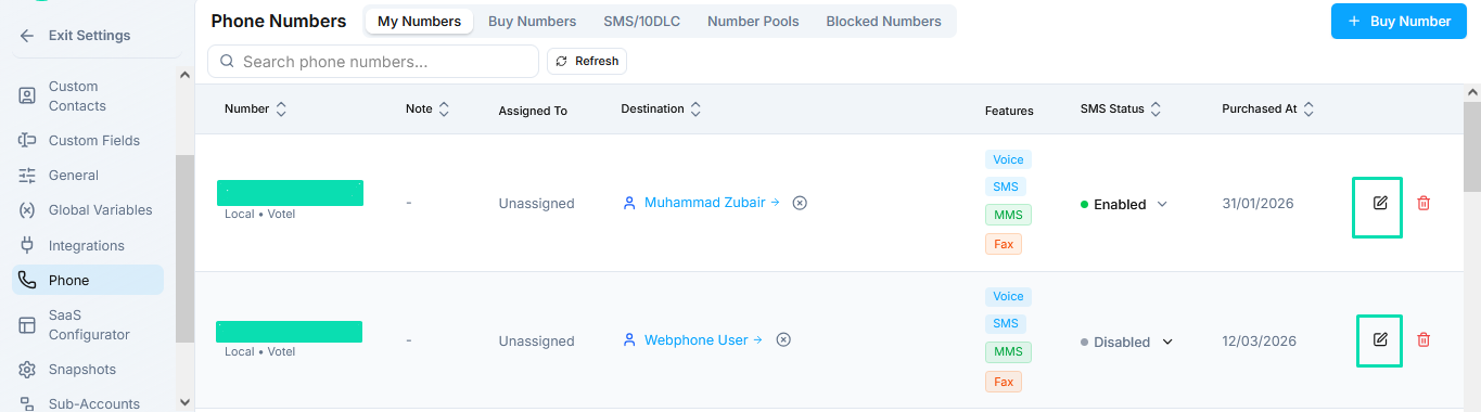 Editing Number Settings
